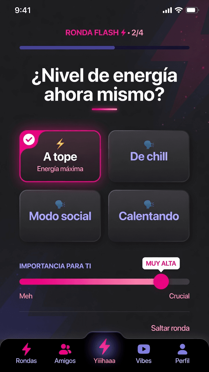 Ronda flash de yiiihaaa con pregunta de energía y opciones