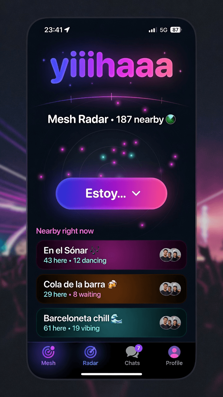 Pantalla del radar yiiihaaa con el botón Estoy y contextos cercanos en Barcelona